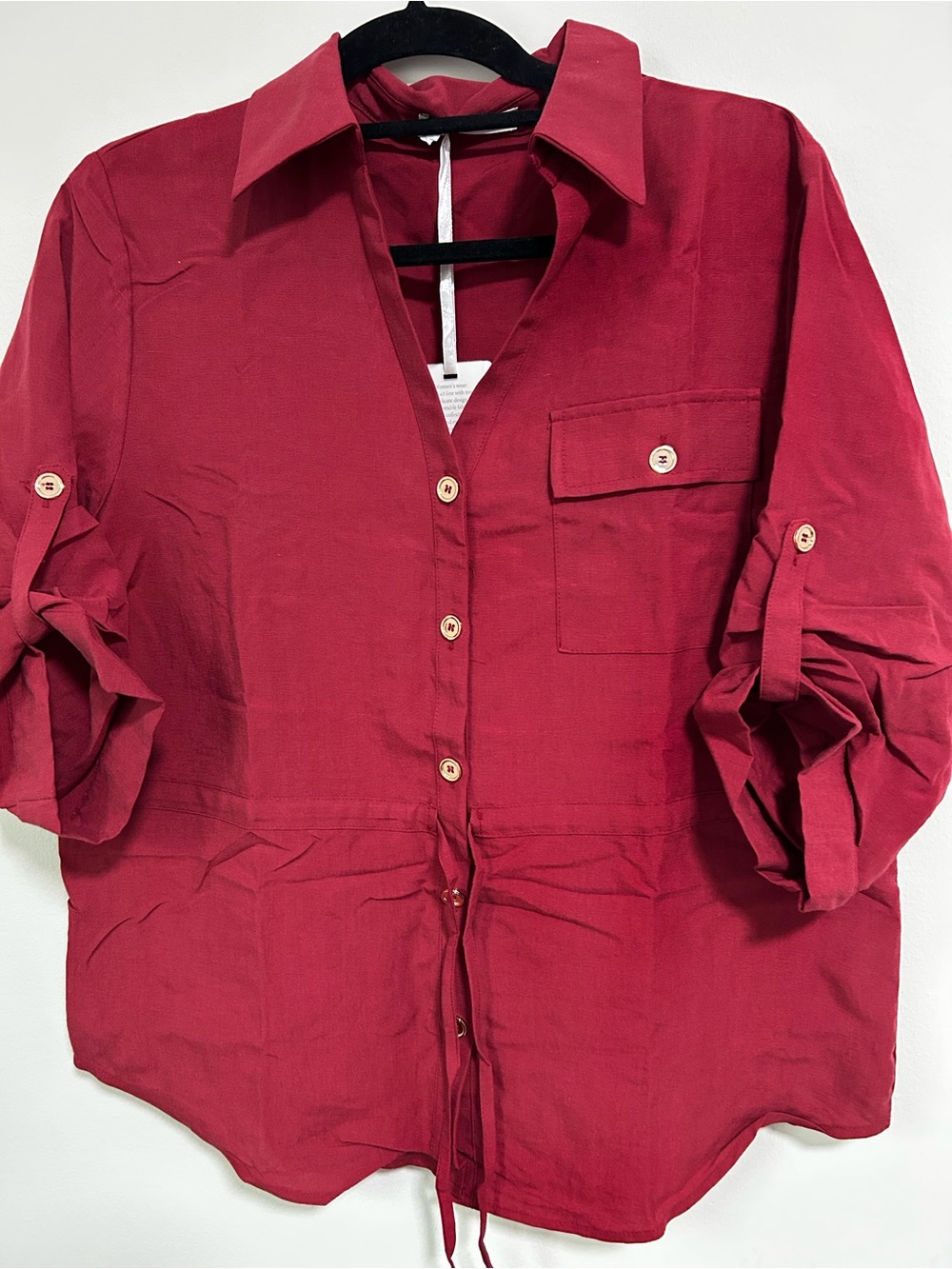 Grace Karin Deep Red Button-Front Drawstring Shirt